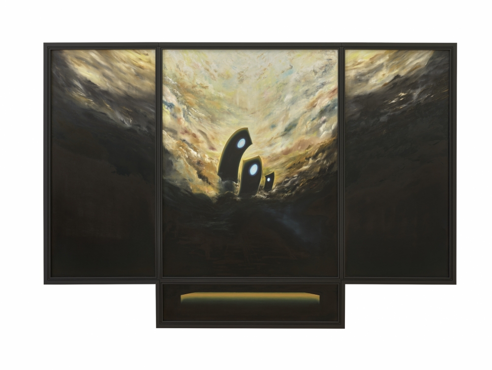 Gemälde von Michael Tauschke Vier Zwerge Triptychon mit Predella auf Leinwand mit Rahmen;Öl auf Leinwand,185,63 x 86,4 cm, 185,63 x 144 cm, 185,63 x 86,4 cm, 31,9 x 144 cm,und Rahmen;Triptychon, Predella, Himmel, Wolken, Licht, Figuren, Figur, Leuchten, Sturm, Heilig, Abenteuer, Religiös, Bunt, Licht, Lasur; 